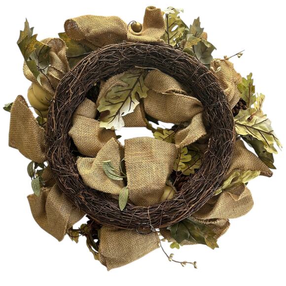 Rustic Fall Wreath With Pumpkins Pinecones & Burlap Ribbon 22" - Picture 2 of 5